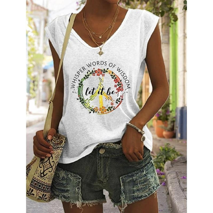 Women Summer Letters Floral Printing Sleeveless T-Shirts Loose Deep V-neck Plus Size Cotton Tee Shirt Tops Image 7