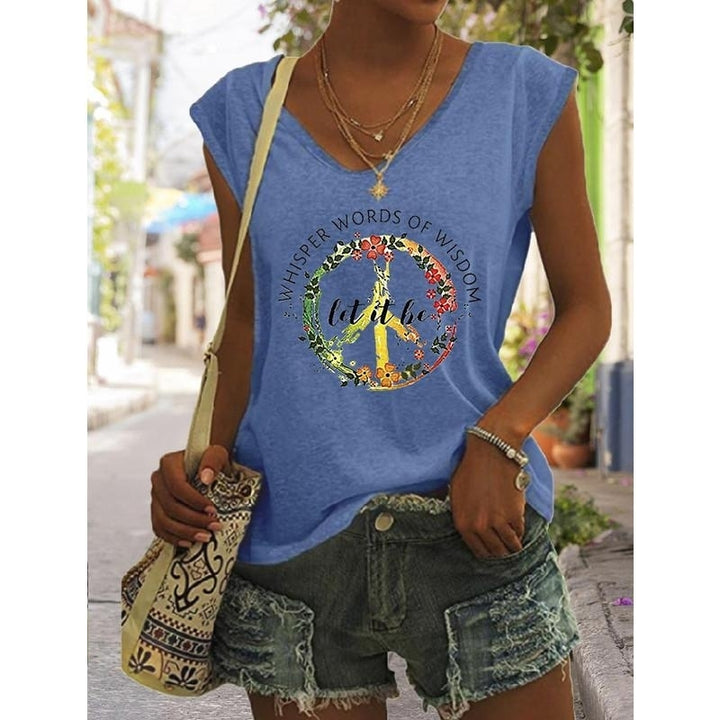 Women Summer Letters Floral Printing Sleeveless T-Shirts Loose Deep V-neck Plus Size Cotton Tee Shirt Tops Image 8