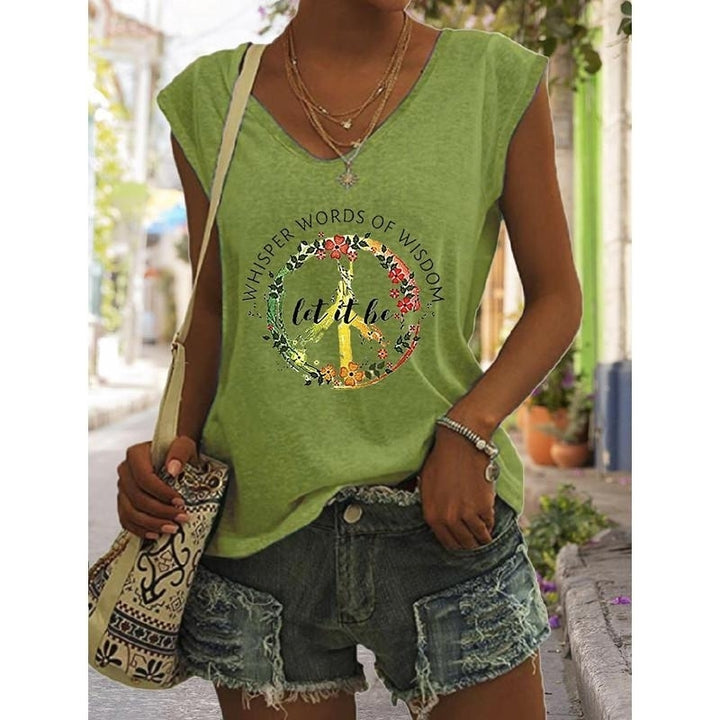 Women Summer Letters Floral Printing Sleeveless T-Shirts Loose Deep V-neck Plus Size Cotton Tee Shirt Tops Image 9