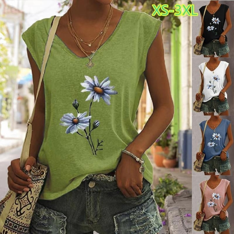 Women Summer Floral Letters Printing Sleeveless T-Shirts Loose Deep V-neck Plus Size Cotton Tee Shirt Tops Image 1