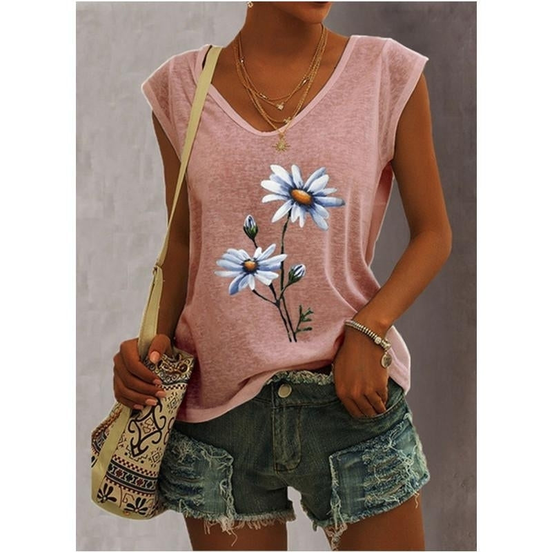 Women Summer Floral Letters Printing Sleeveless T-Shirts Loose Deep V-neck Plus Size Cotton Tee Shirt Tops Image 2