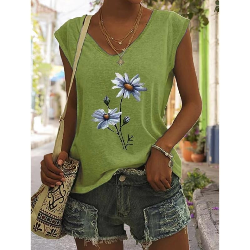 Women Summer Floral Letters Printing Sleeveless T-Shirts Loose Deep V-neck Plus Size Cotton Tee Shirt Tops Image 3