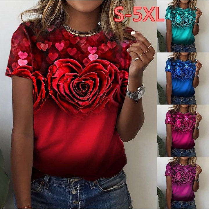 Women Fashion Summer Rose Print T-Shirts Loose Deep U-Neck Plus Size Short Sleeve Tee Shirt Tops Image 1