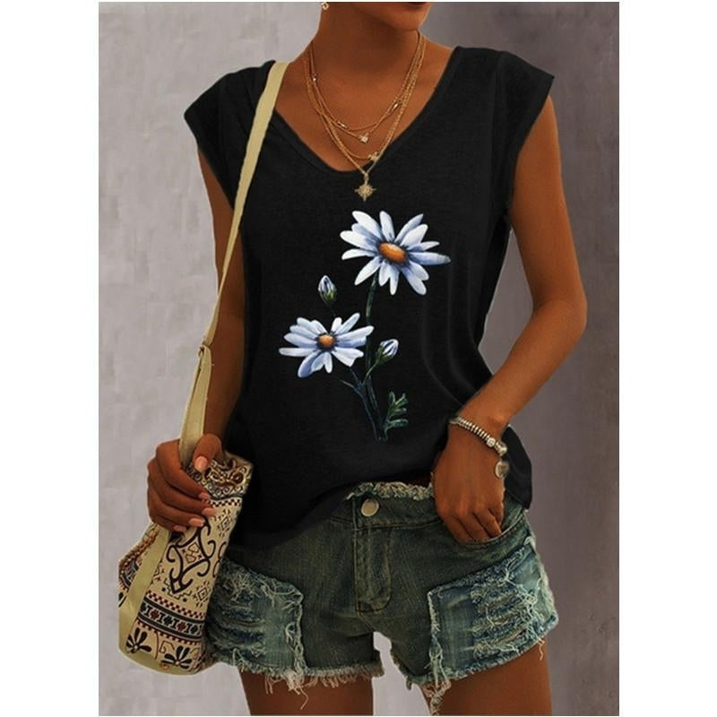 Women Summer Floral Letters Printing Sleeveless T-Shirts Loose Deep V-neck Plus Size Cotton Tee Shirt Tops Image 4