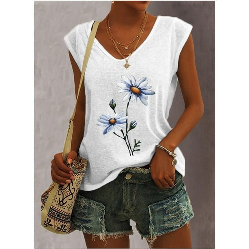 Women Summer Floral Letters Printing Sleeveless T-Shirts Loose Deep V-neck Plus Size Cotton Tee Shirt Tops Image 4