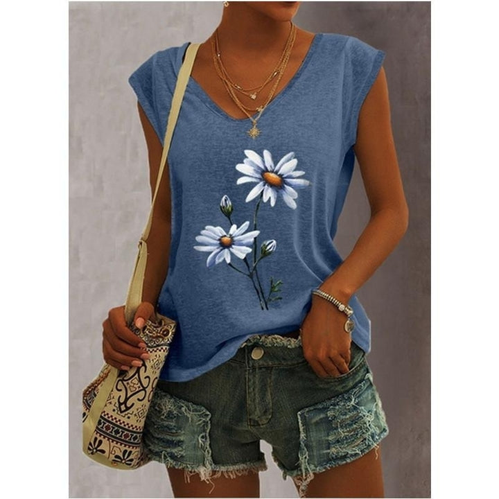 Women Summer Floral Letters Printing Sleeveless T-Shirts Loose Deep V-neck Plus Size Cotton Tee Shirt Tops Image 6