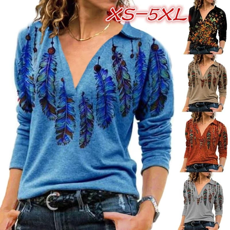 Women Floral Printing Long Sleeve T-Shirts Autumn Short Sleeve Loose Turn Down Collar V-Neck Plus Size Tee Shirt Tops Image 1