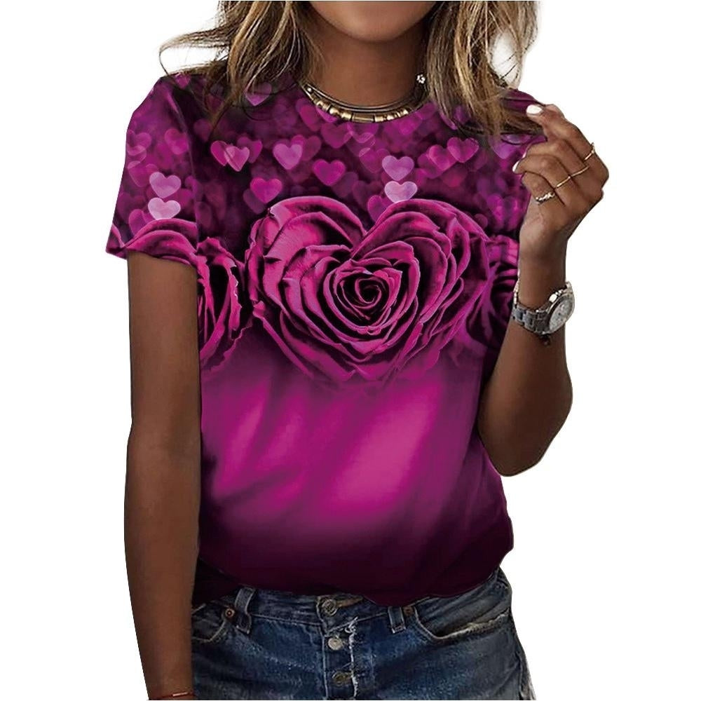 Women Fashion Summer Rose Print T-Shirts Loose Deep U-Neck Plus Size Short Sleeve Tee Shirt Tops Image 2