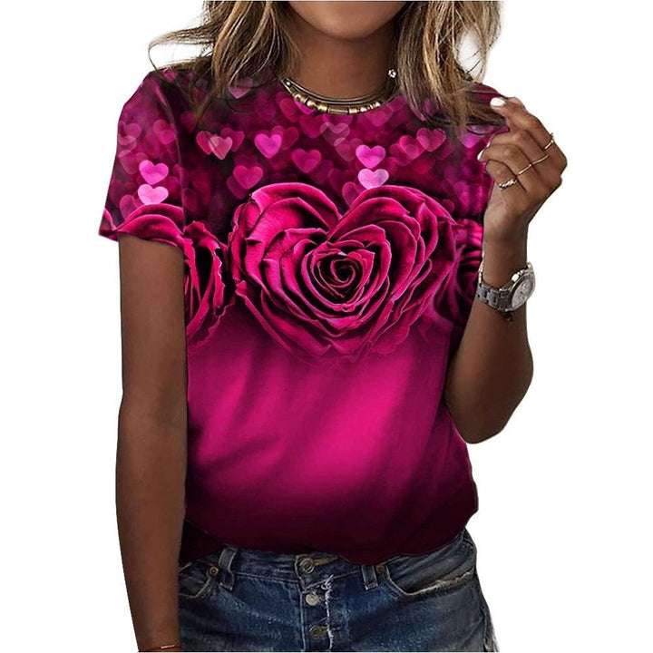 Women Fashion Summer Rose Print T-Shirts Loose Deep U-Neck Plus Size Short Sleeve Tee Shirt Tops Image 3