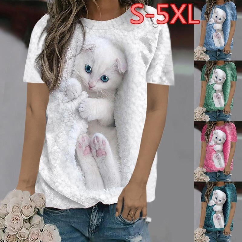 Women Summer 3D Cat Printing T-Shirts Blocks Loose Deep O-Neck Plus Size Short Sleeve Tee Shirt Tops Image 1