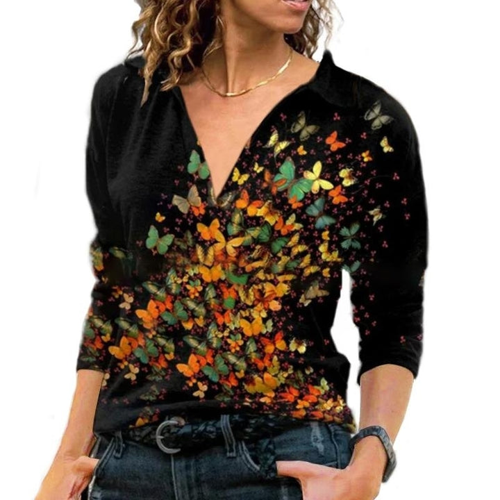 Women Floral Printing Long Sleeve T-Shirts Autumn Short Sleeve Loose Turn Down Collar V-Neck Plus Size Tee Shirt Tops Image 2