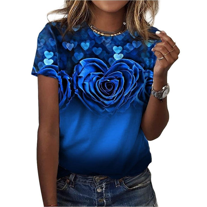 Women Fashion Summer Rose Print T-Shirts Loose Deep U-Neck Plus Size Short Sleeve Tee Shirt Tops Image 4