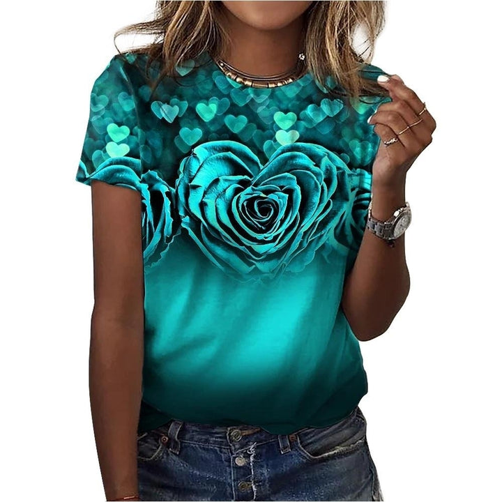 Women Fashion Summer Rose Print T-Shirts Loose Deep U-Neck Plus Size Short Sleeve Tee Shirt Tops Image 4