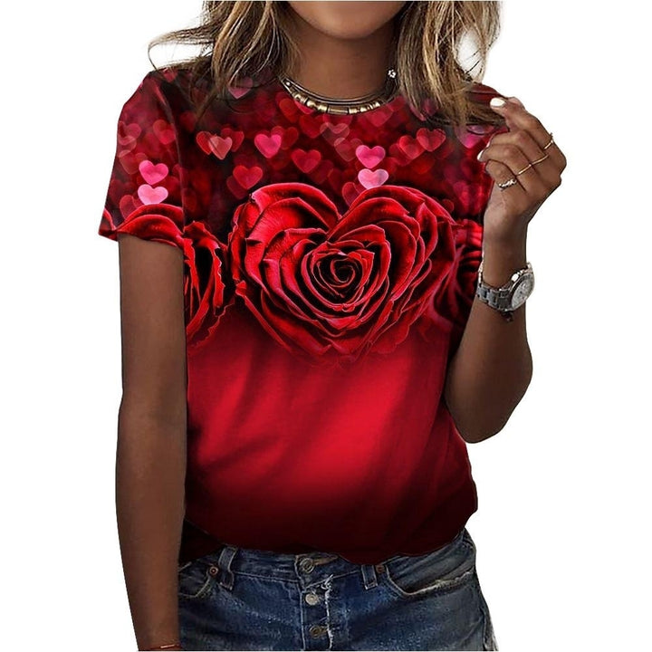 Women Fashion Summer Rose Print T-Shirts Loose Deep U-Neck Plus Size Short Sleeve Tee Shirt Tops Image 6