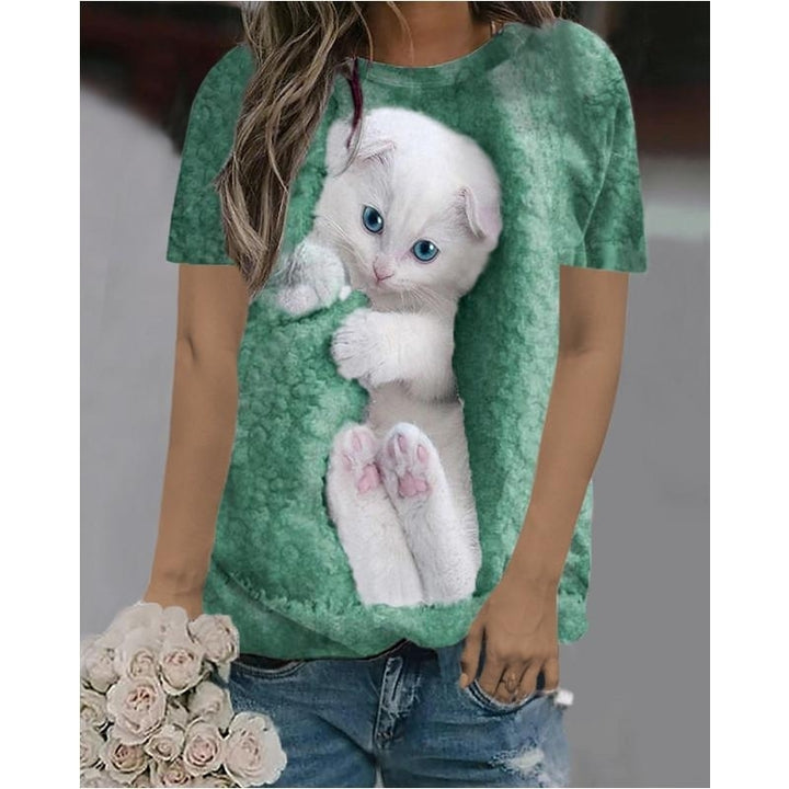 Women Summer 3D Cat Printing T-Shirts Blocks Loose Deep O-Neck Plus Size Short Sleeve Tee Shirt Tops Image 3