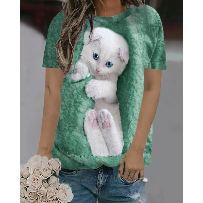 Women Summer 3D Cat Printing T-Shirts Blocks Loose Deep O-Neck Plus Size Short Sleeve Tee Shirt Tops Image 4