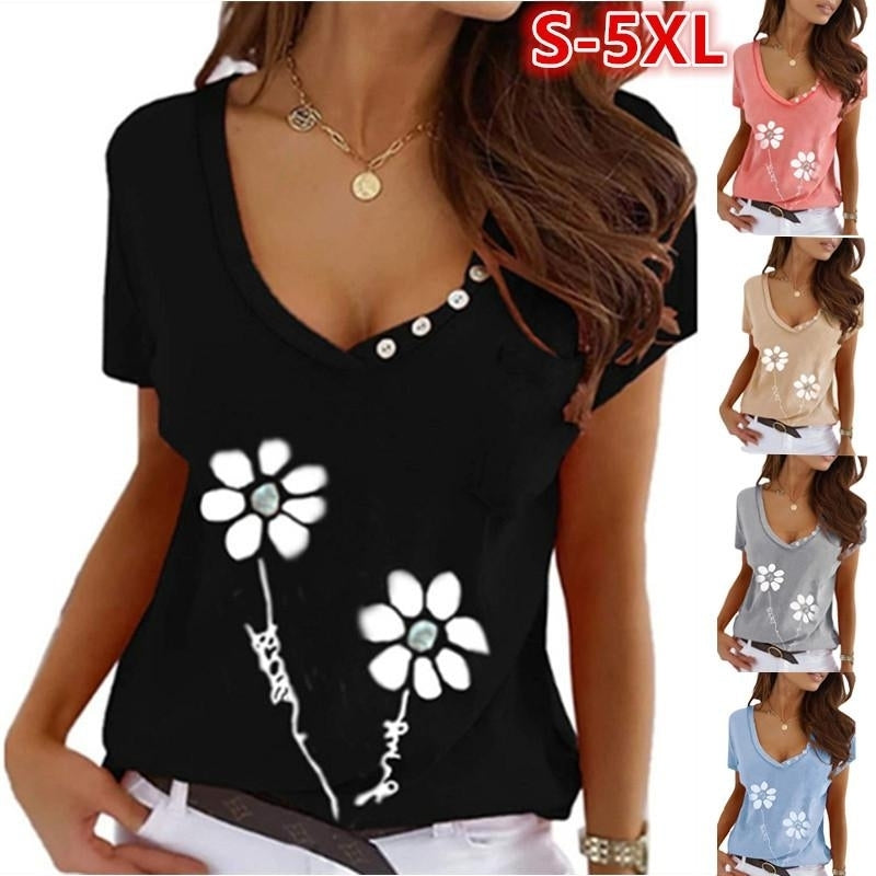 Women Flower Printing T-Shirts Summer Short Sleeve Fashion Loose V-Neck Buttons Ladies Large Size Tee Shirt Tops Blouse Image 1