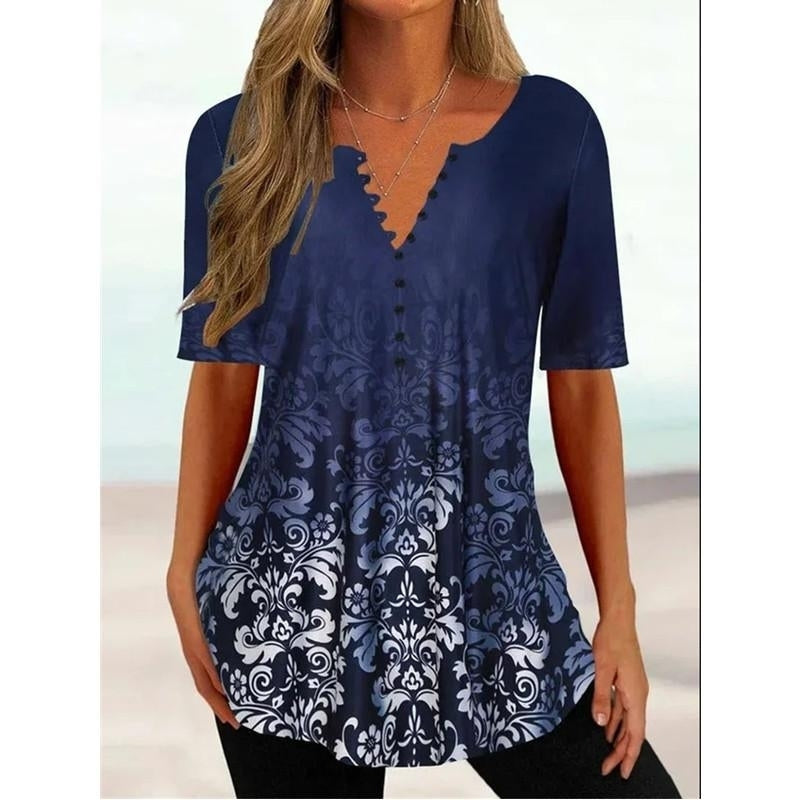 Women Autumn Floral Printing Long Sleeve T-Shirts Loose Buton V-Neck Plus Size Tee Shirt Tops Shirts And Blouses Image 2