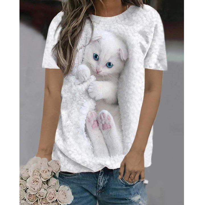 Women Summer 3D Cat Printing T-Shirts Blocks Loose Deep O-Neck Plus Size Short Sleeve Tee Shirt Tops Image 4