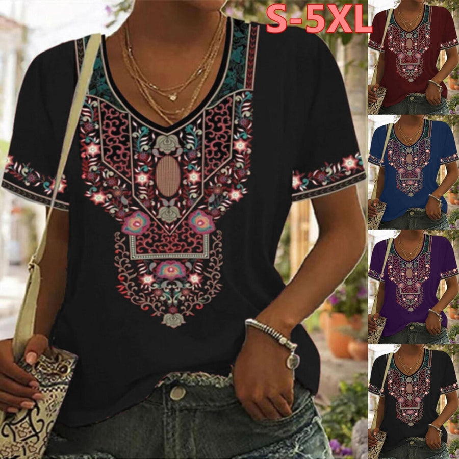 Women Summer National Style Floral Printing T-Shirts Loose Deep O-Neck Plus Size Short Sleeve Tee Shirt Tops Image 1