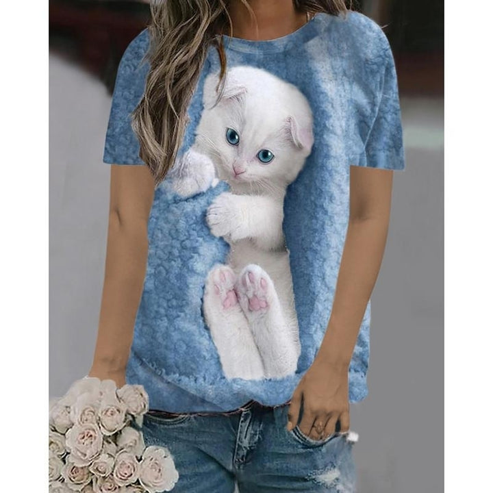 Women Summer 3D Cat Printing T-Shirts Blocks Loose Deep O-Neck Plus Size Short Sleeve Tee Shirt Tops Image 7