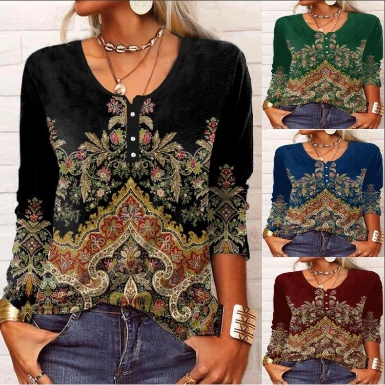 Women Autumn Floral Printing Long Sleeve T-Shirts Loose O-Neck Plus Size Tee Shirt Tops Comfortable Blouse Image 1