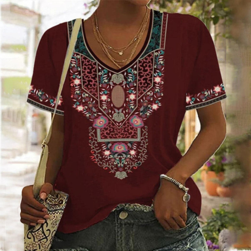 Women Summer National Style Floral Printing T-Shirts Loose Deep O-Neck Plus Size Short Sleeve Tee Shirt Tops Image 2