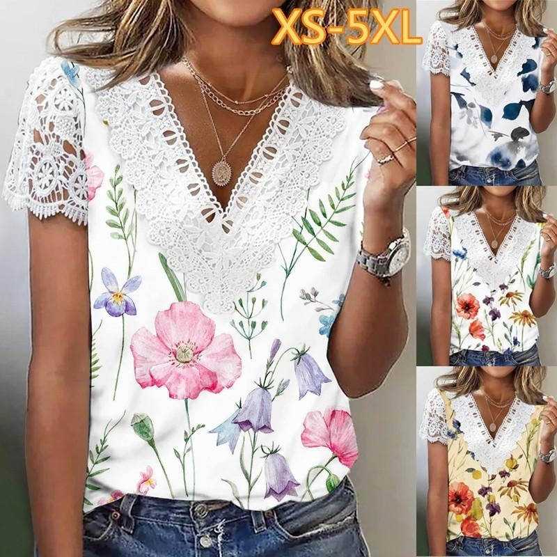 Women Summer Floral Printing T-Shirts Loose Deep Lace V-Neck Plus Size Short Sleeve Tee Shirt Elegant Tops Image 1