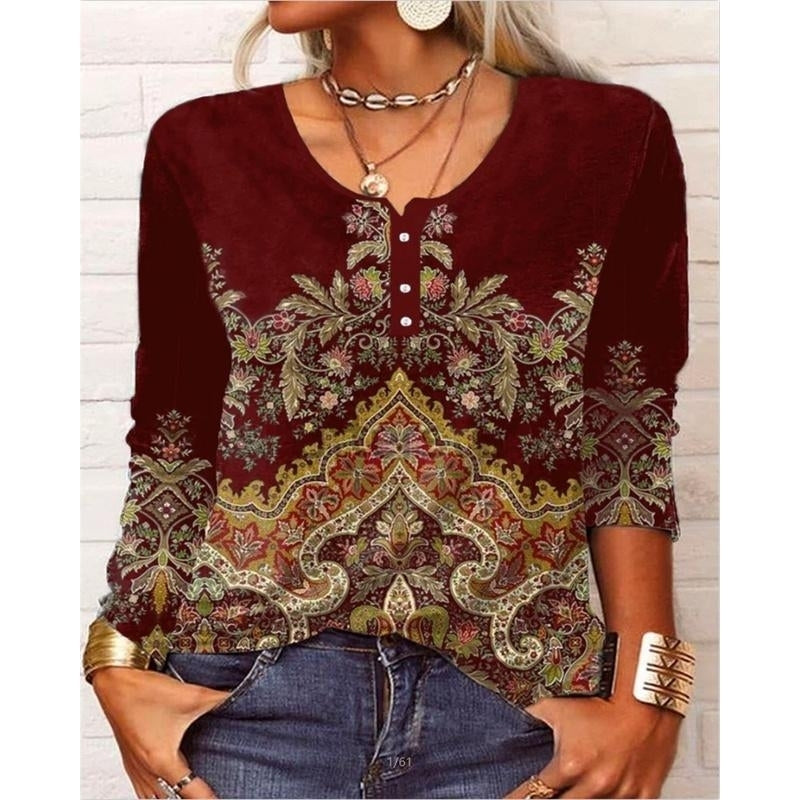 Women Autumn Floral Printing Long Sleeve T-Shirts Loose O-Neck Plus Size Tee Shirt Tops Comfortable Blouse Image 2