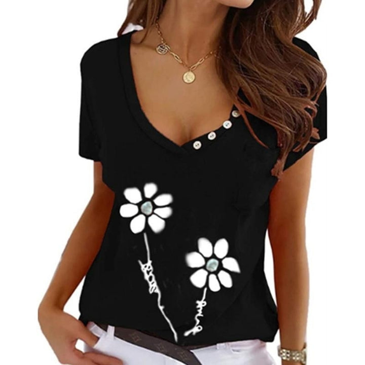 Women Flower Printing T-Shirts Summer Short Sleeve Fashion Loose V-Neck Buttons Ladies Large Size Tee Shirt Tops Blouse Image 6