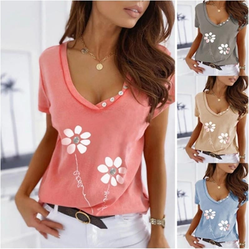 Women Flower Printing T-Shirts Summer Short Sleeve Fashion Loose V-Neck Buttons Ladies Large Size Tee Shirt Tops Blouse Image 7