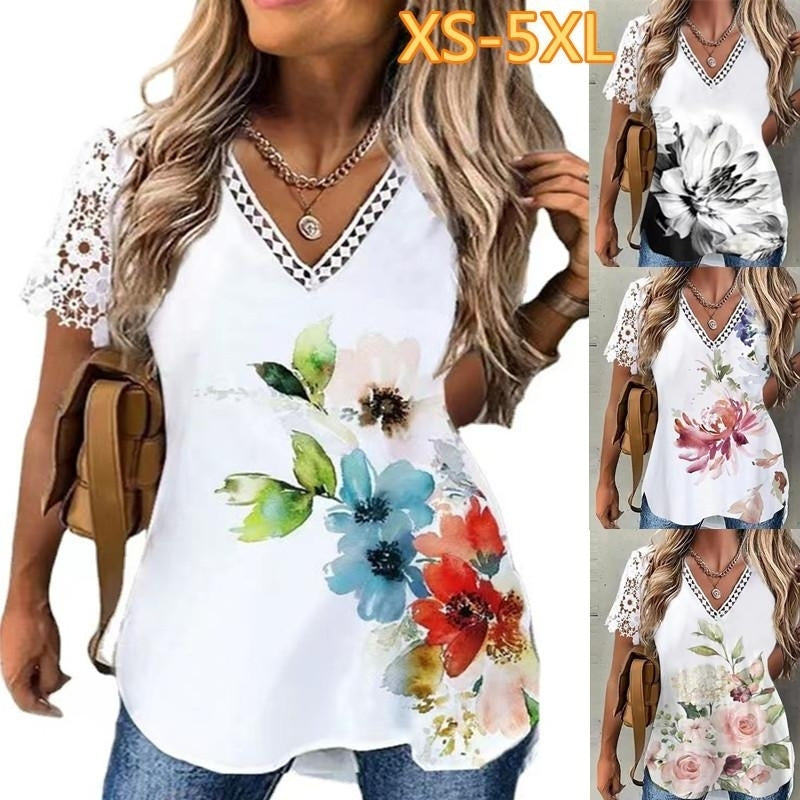 Women Summer Floral Printing T-Shirts Loose Deep Lace V-Neck Plus Size Short Sleeve Tee Shirt Elegant Tops Image 1