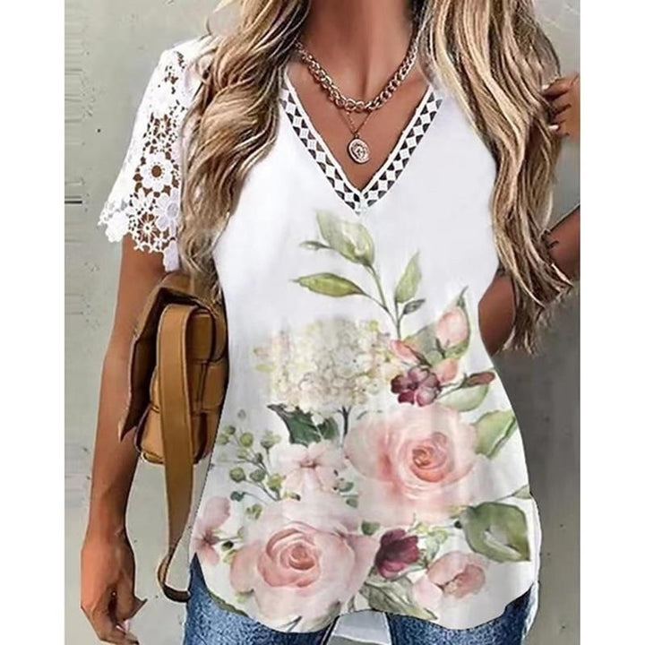 Women Summer Floral Printing T-Shirts Loose Deep Lace V-Neck Plus Size Short Sleeve Tee Shirt Elegant Tops Image 2