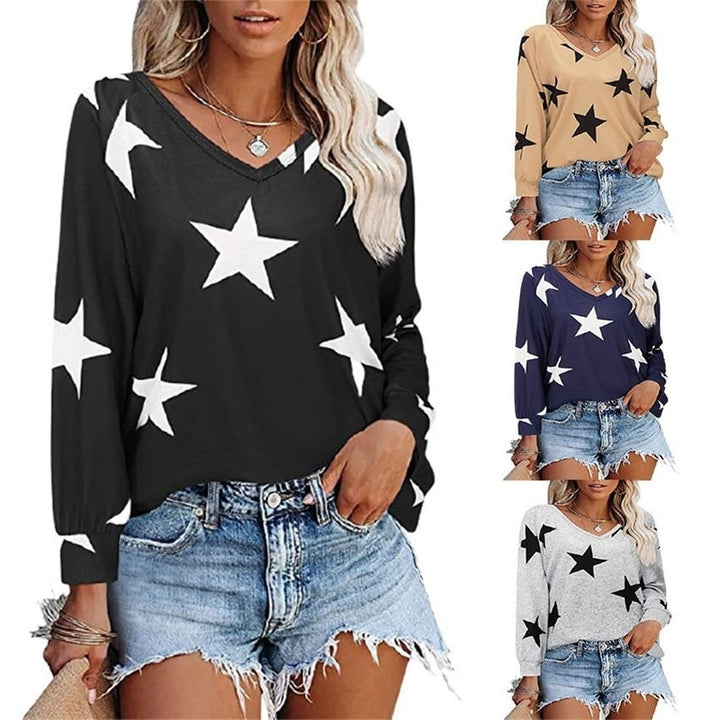 Women Autumn Five-stars Printing Long Sleeve T-Shirts Long Sleeve Loose V-Neck Plus Size Tee Shirt Tops Image 1