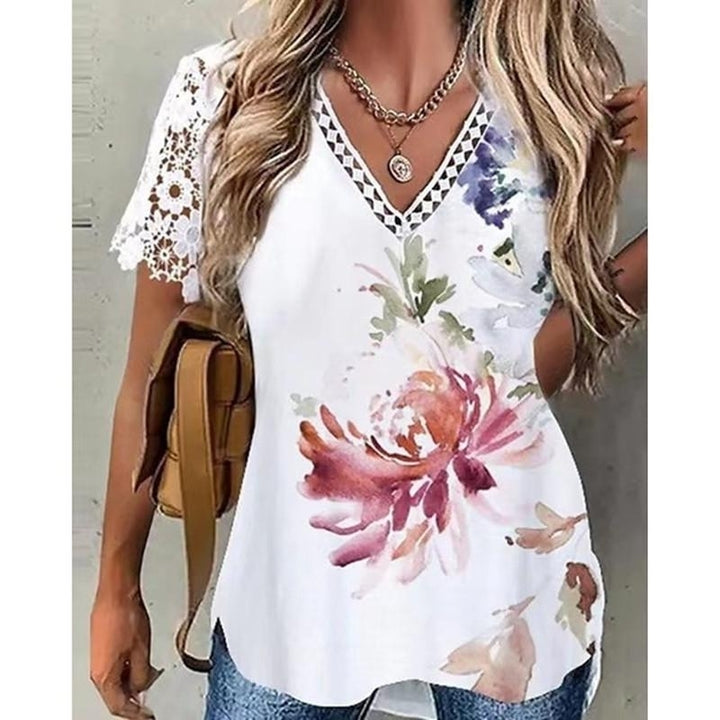 Women Summer Floral Printing T-Shirts Loose Deep Lace V-Neck Plus Size Short Sleeve Tee Shirt Elegant Tops Image 4