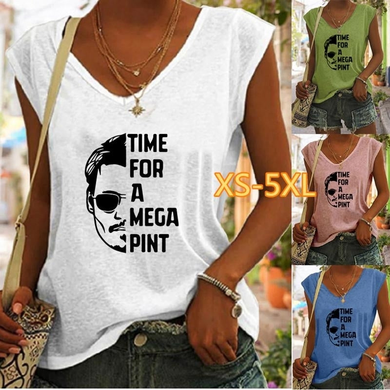 Women Summer Face Letters Printing Sleeveless T-Shirts Loose Deep V-neck Plus Size Cotton Tee Shirt Tops Image 1