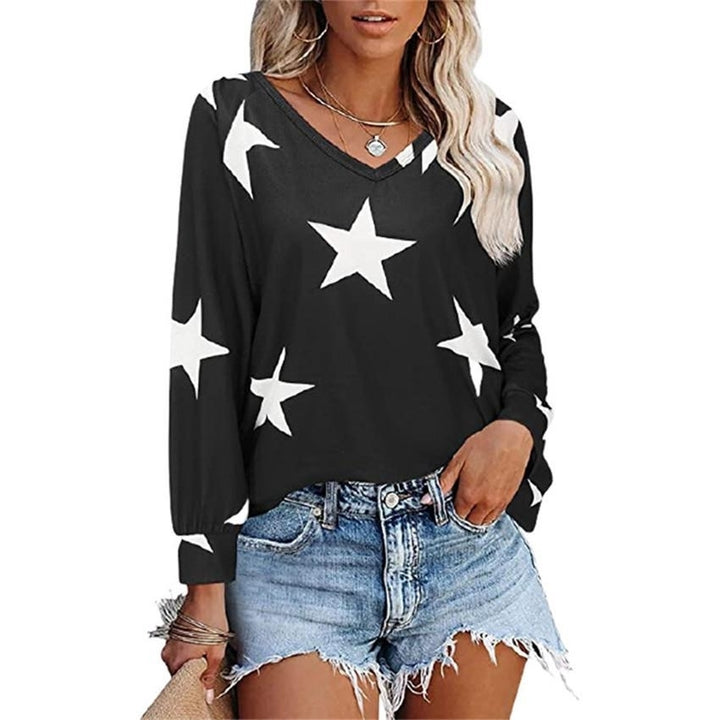 Women Autumn Five-stars Printing Long Sleeve T-Shirts Long Sleeve Loose V-Neck Plus Size Tee Shirt Tops Image 2