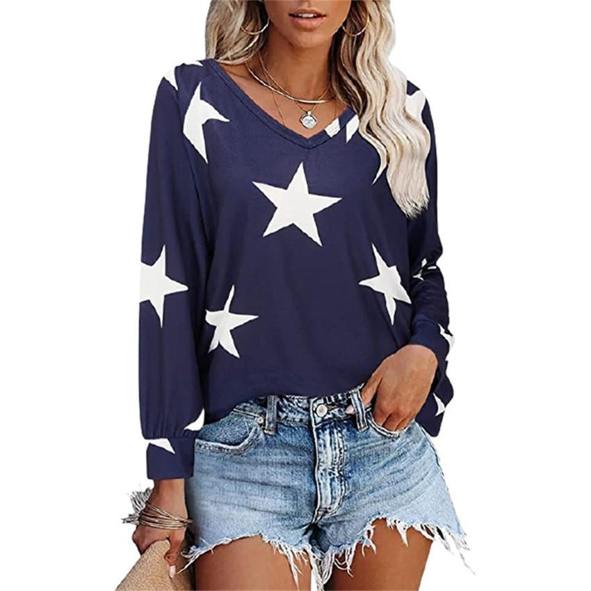 Women Autumn Five-stars Printing Long Sleeve T-Shirts Long Sleeve Loose V-Neck Plus Size Tee Shirt Tops Image 3