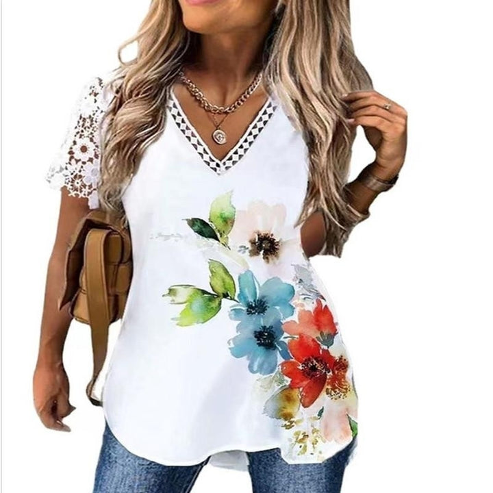 Women Summer Floral Printing T-Shirts Loose Deep Lace V-Neck Plus Size Short Sleeve Tee Shirt Elegant Tops Image 4