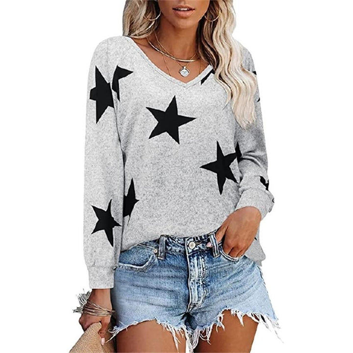 Women Autumn Five-stars Printing Long Sleeve T-Shirts Long Sleeve Loose V-Neck Plus Size Tee Shirt Tops Image 4