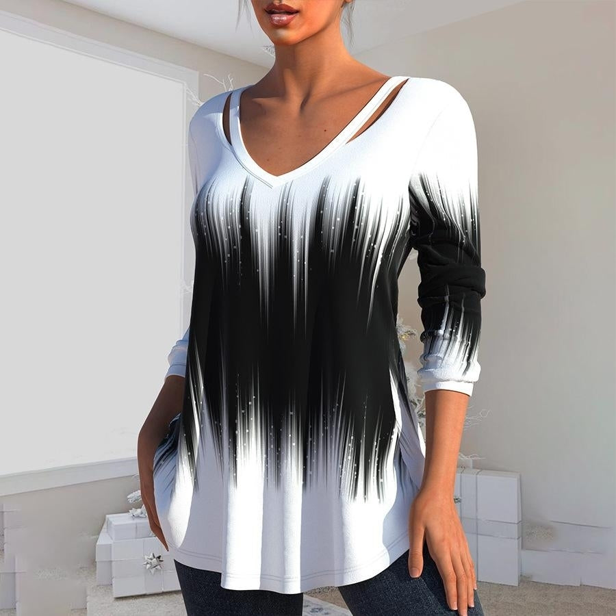 Women Autumn Gradient Printing Long Sleeve T-Shirts Loose V-Neck Plus Size Tee Shirt Tops Comfortable Blouse Image 2