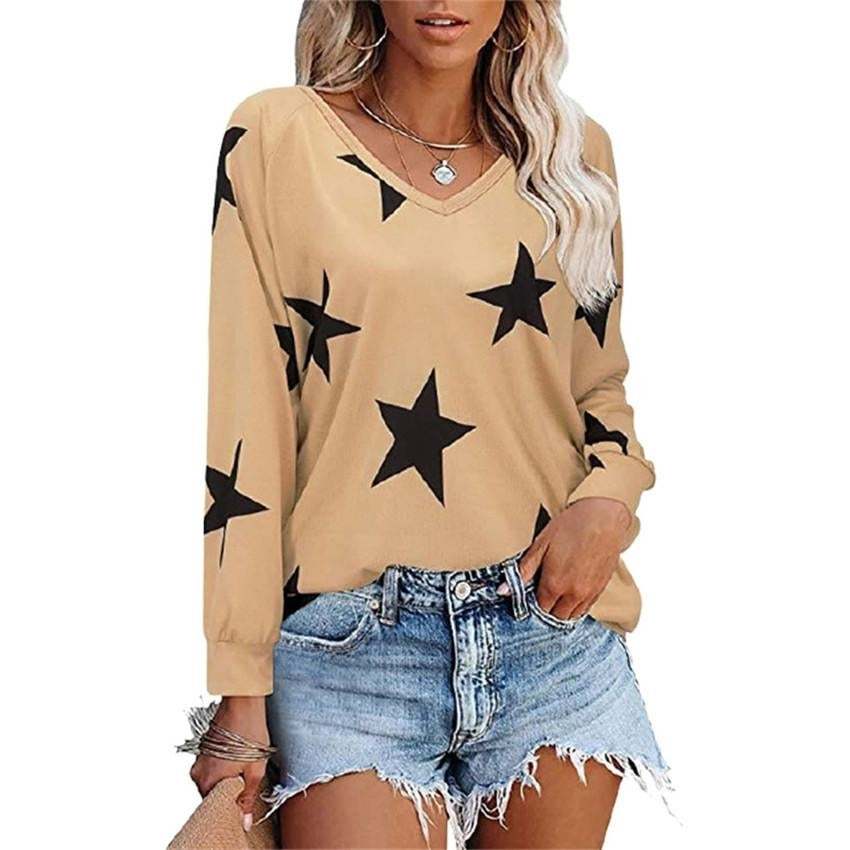 Women Autumn Five-stars Printing Long Sleeve T-Shirts Long Sleeve Loose V-Neck Plus Size Tee Shirt Tops Image 4