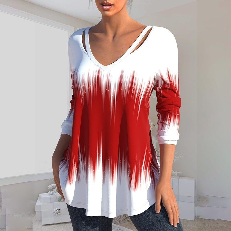 Women Autumn Gradient Printing Long Sleeve T-Shirts Loose V-Neck Plus Size Tee Shirt Tops Comfortable Blouse Image 3