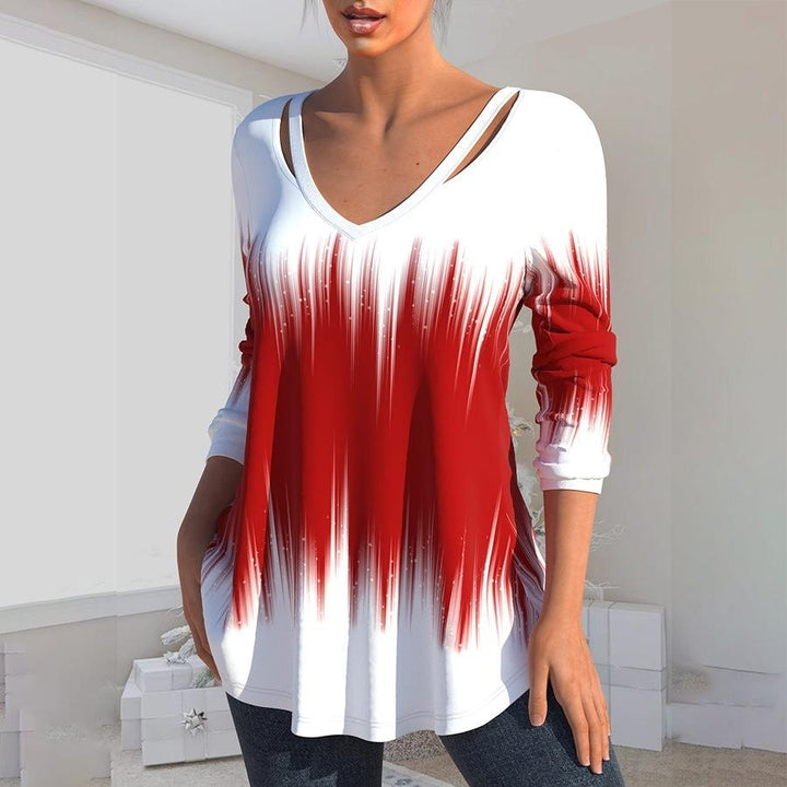 Women Autumn Gradient Printing Long Sleeve T-Shirts Loose V-Neck Plus Size Tee Shirt Tops Comfortable Blouse Image 1