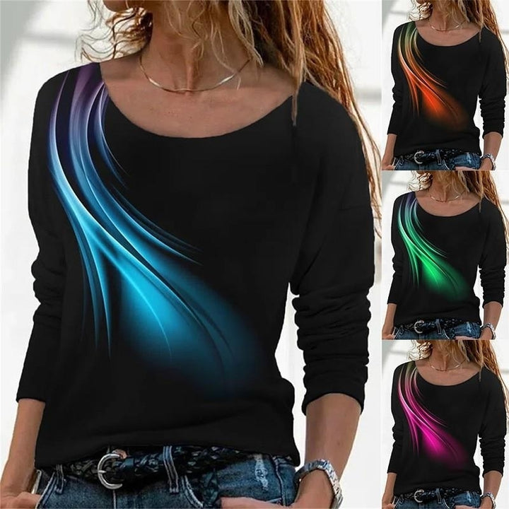 Women Autumn Gradients Printed Long Sleeve T-Shirts Loose O-Neck Plus Size Tee Shirt Tops Comfy Blouse Image 1