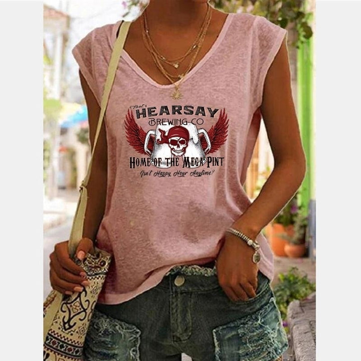 Women Summer Letters Skull Printing Sleeveless T-Shirts Loose Deep V-neck Plus Size Cotton Tee Shirt Tops Image 4