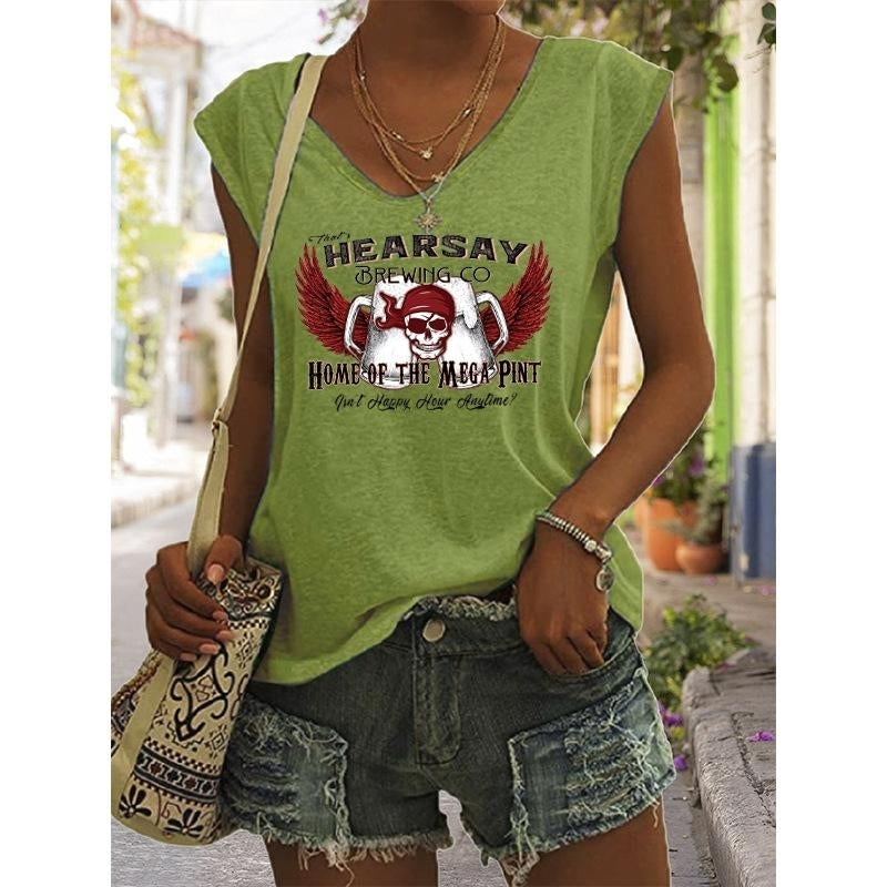 Women Summer Letters Skull Printing Sleeveless T-Shirts Loose Deep V-neck Plus Size Cotton Tee Shirt Tops Image 4