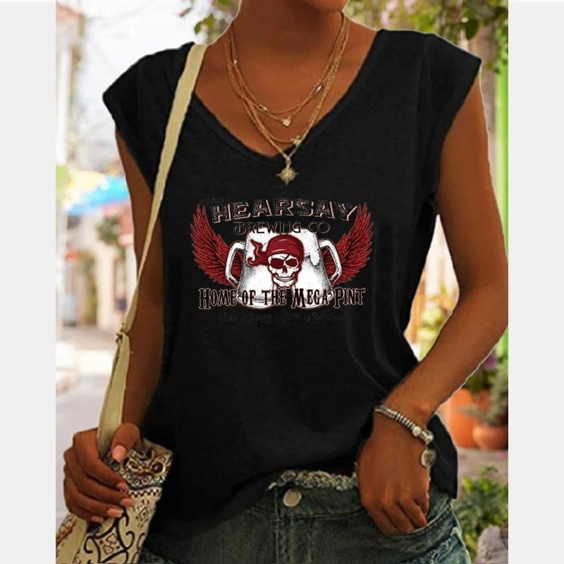 Women Summer Letters Skull Printing Sleeveless T-Shirts Loose Deep V-neck Plus Size Cotton Tee Shirt Tops Image 6