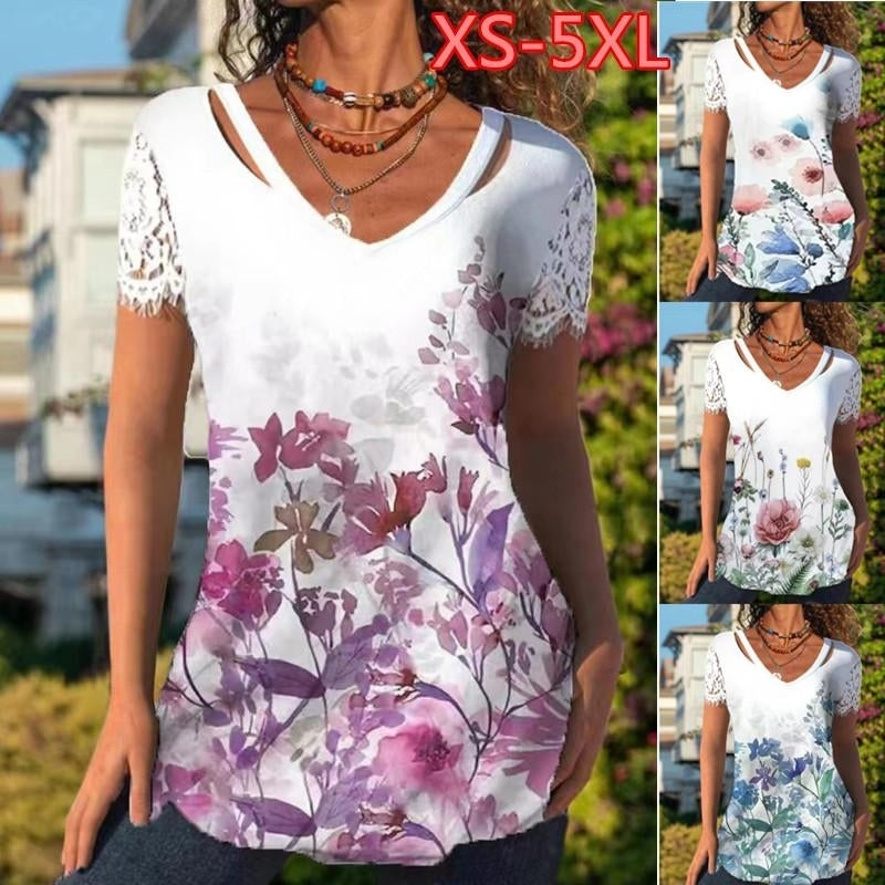 Women Summer Floral Printing T-Shirts Blocks Loose Deep Lace Lace V-Neck Plus Size Short Sleeve Tee Shirt Tops Image 1