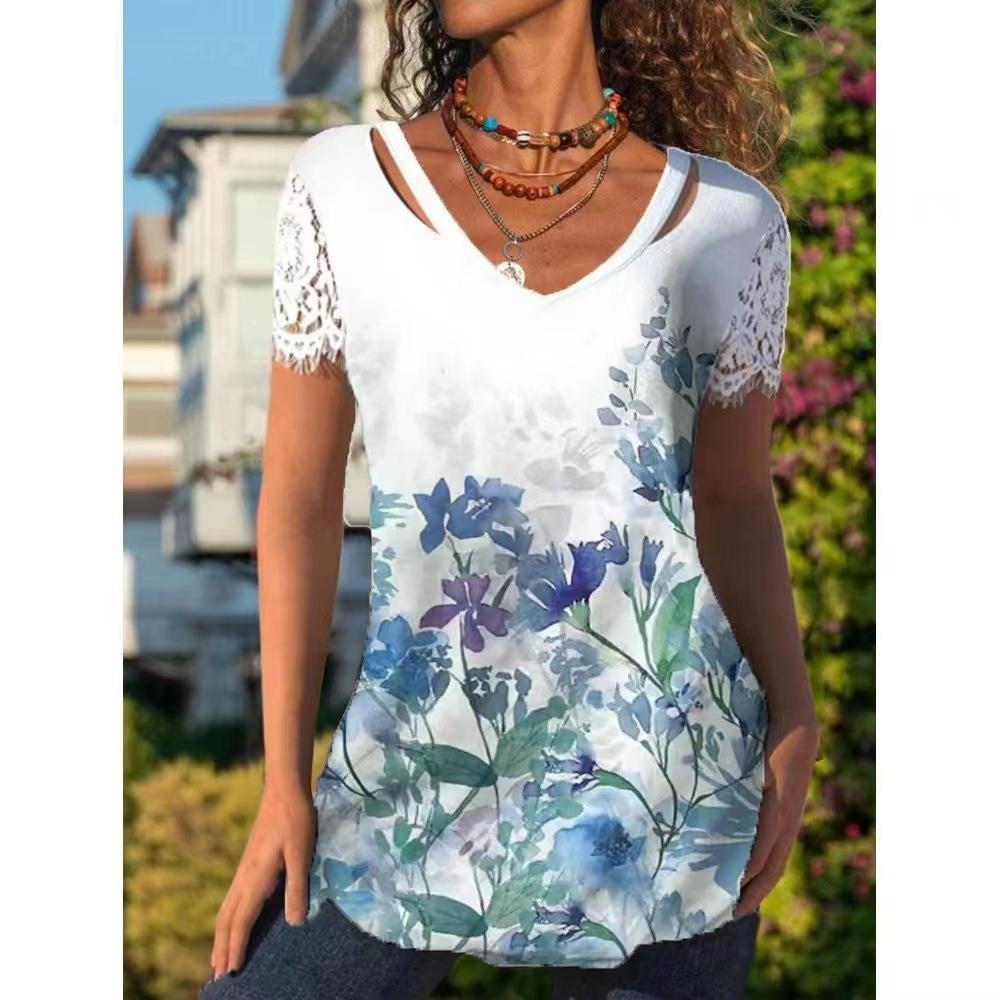 Women Summer Floral Printing T-Shirts Blocks Loose Deep Lace Lace V-Neck Plus Size Short Sleeve Tee Shirt Tops Image 2